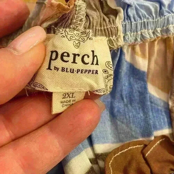 Womens Abstract Peasant Brown Gold Blue Pink Long Sleeve Perch Blouse 2X - Picture 3 of 11